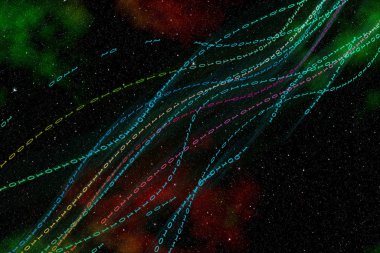 Uzayda bilgisayar bilgisinin akışı. Yıldızlar arasında ikili kod akışı. Evren boyunca ikili kod şeklinde bilgi akışı. Görüntü.