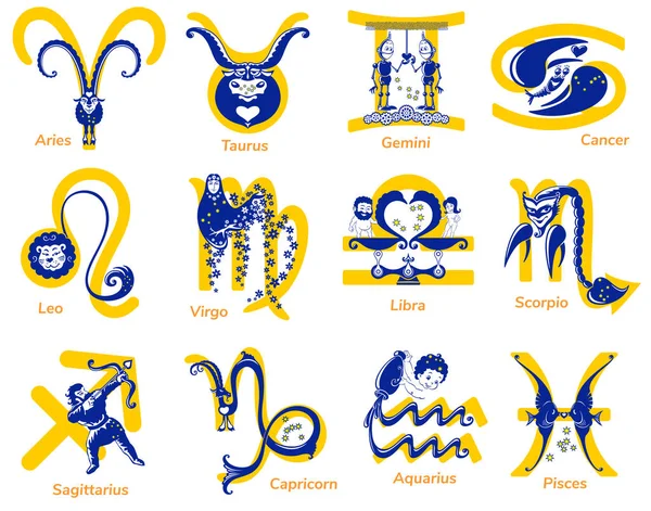 Coleção Signos Zodíaco Caracteres Bonitos Forma Signos Zodíaco Símbolos Astrológicos —  Vetores de Stock
