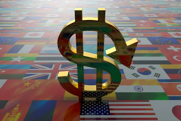 Dollar Sign Downward Pointer Backlit Stands Surface Flags Different Countries — Stock Photo, Image