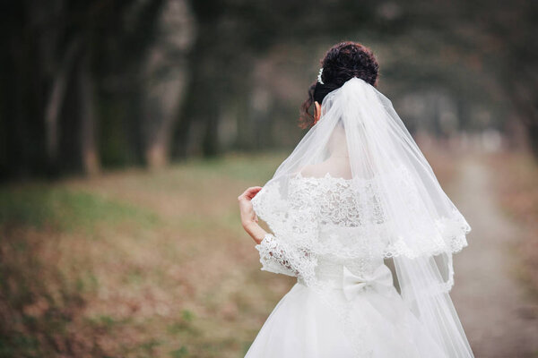 The bride stands with her back to the veil