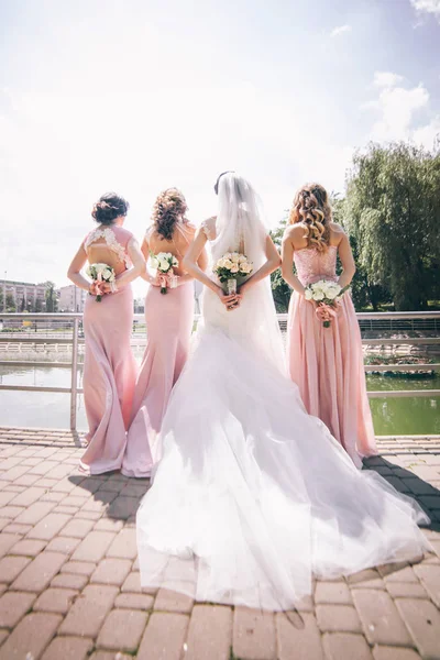Drie bruidsmeisjes staan met hun rug — Stockfoto