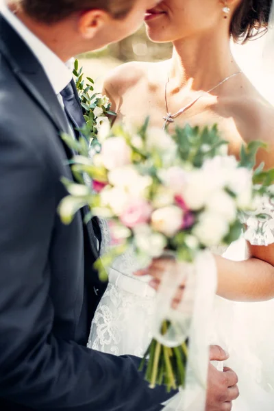 De bruid en bruidegom kussen en omhelzen — Stockfoto