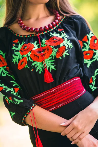 Black Embroidered Dress Pattern Poppy Leaves Girls — Stock Photo, Image