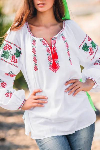 Girl Stands Embroidered Shirt Ornament Jeans — Stock Photo, Image