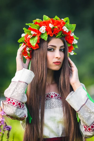 Belle Fille Est Debout Avec Une Couronne Coquelicots Marguerites Feuilles — Photo