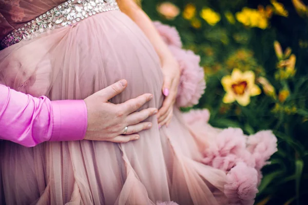 Marido Abraçando Sua Esposa Vestido Rosa Jardim — Fotografia de Stock