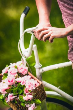 adam onun ellerini bir bisiklet bir sepet gül ile yaz aylarında parkta tutar