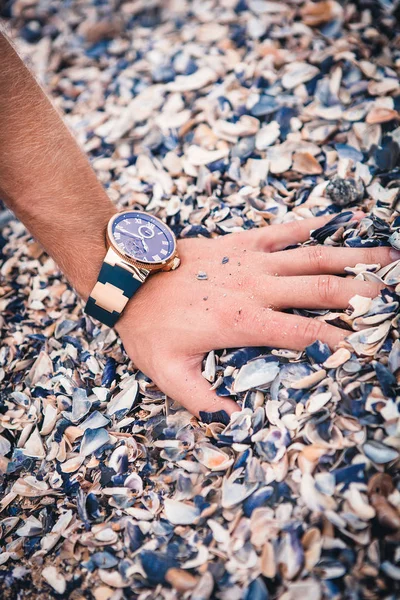 man with the watch touches the seashells on the seashore in the summer