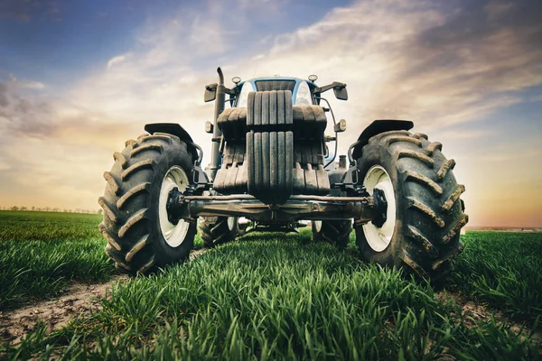 大型轮胎的专业拖拉机在春天的田野里沿着公路行进 — 图库照片