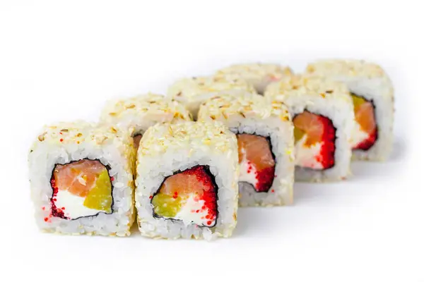 Witte Sushi Liggen Een Witte Achtergrond Met Rode Vulling — Stockfoto