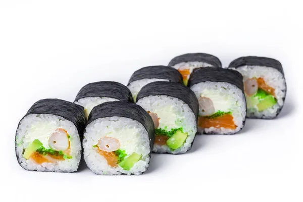 Sushi Met Rijst Liggen Een Witte Achtergrond — Stockfoto