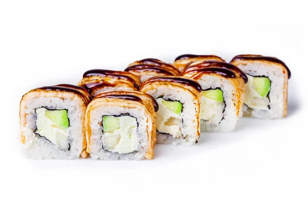 Sushi Mit Kräutern Und Reis Auf Einem Weißen Teller Mit — Stockfoto