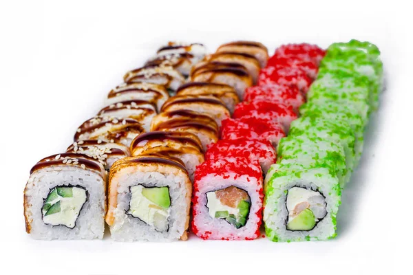 Vier Soorten Lekkere Sushi Een Witte Achtergrond — Stockfoto