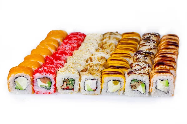 Zeven Soorten Sushi Liggen Een Witte Achtergrond Met Vis — Stockfoto