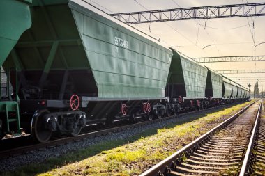 Yeşil arabalı tren bir nakliyatta duruyor.