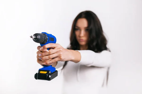 Girl Gun Holds Construction Tool — Stock Photo, Image