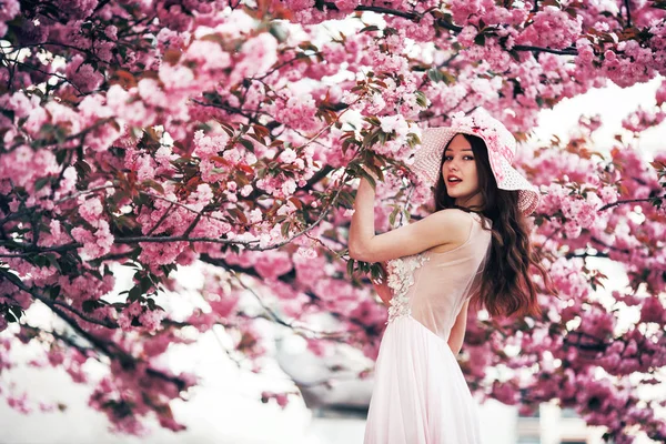 Girl Stands Background Blossoming Tree Spring — Stockfoto