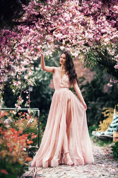 Tierna Chica Primavera Sostiene Una Ramita Cerezo Flor — Foto de Stock