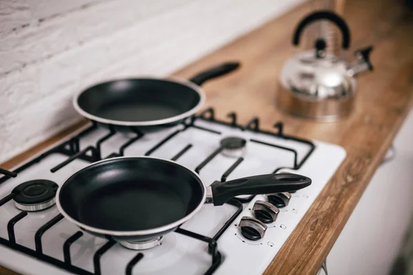 Two Black Pans Stand Stove — Stock Photo, Image