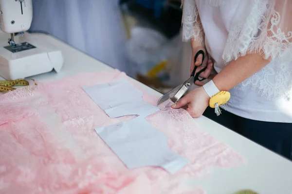 Seamstress Adult Woman Works Workshop Scissors Cuts Fabric Sketch — Stock Photo, Image