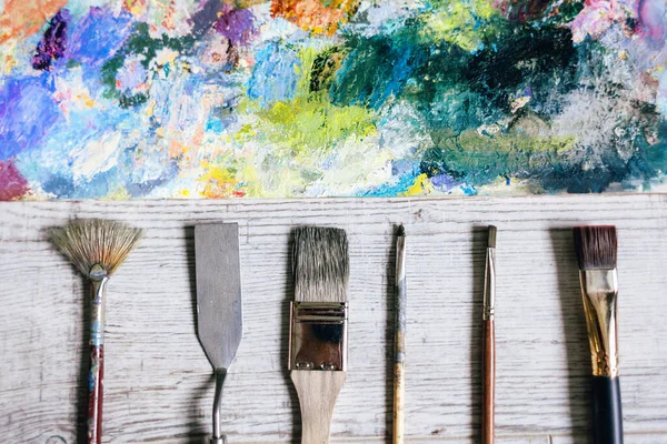 Ein Satz Werkzeuge Und Pinsel Zum Malen Künstlerisches Konzept Auf — Stockfoto