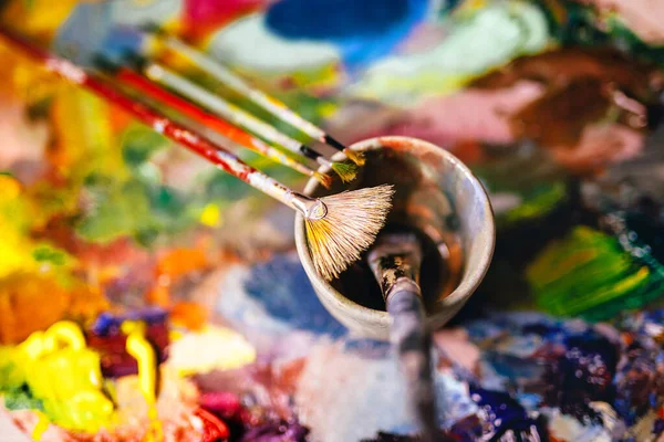 Composición Con Pinceles Pinturas Óleo Para Artista — Foto de Stock