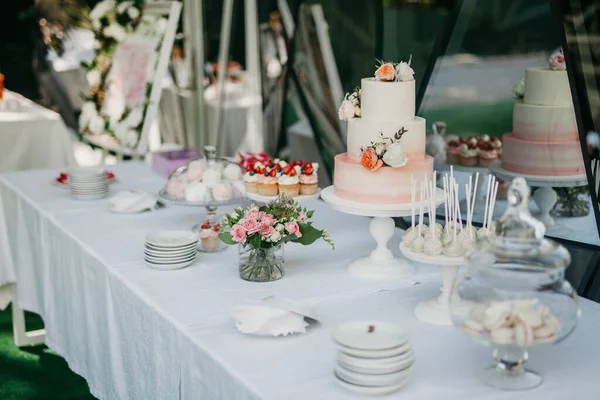 Buffet table with cake and muffins