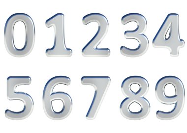 Küme sayının 3d render, 0-9. Kolay kullanım için beyaz arka plan üzerinde gümüş parlak renk.