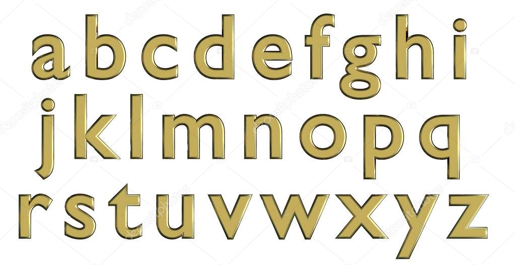 English alphabet in gold lower case letters, custom 3D font variant.