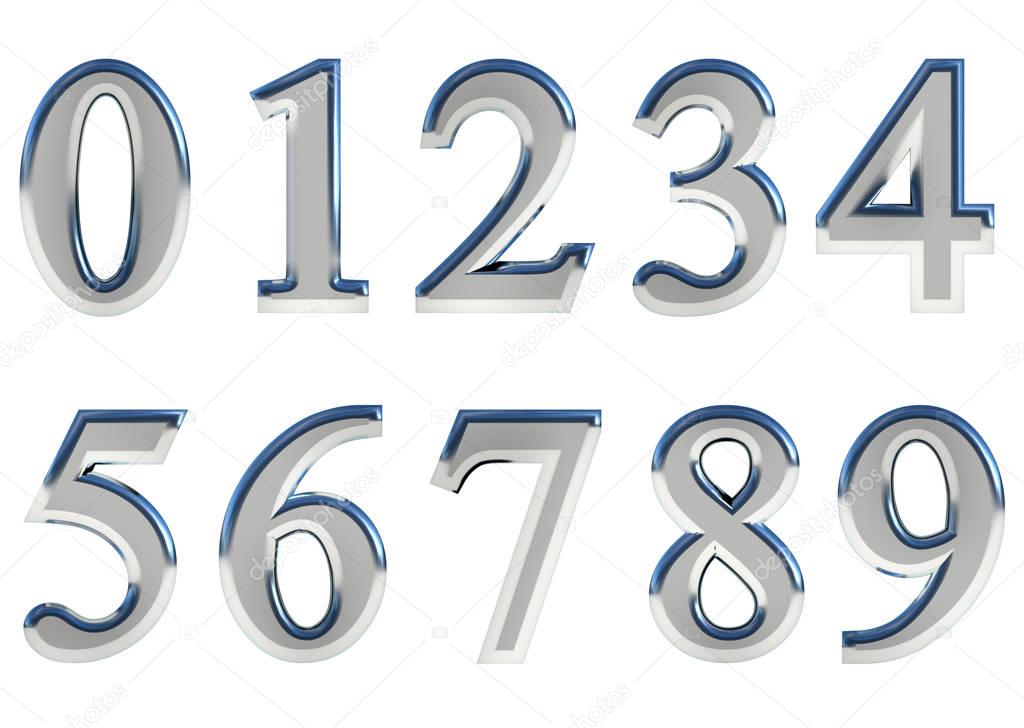 Set of 3D rendered numbers, 0-9. Silver glossy color on white background for easy use.