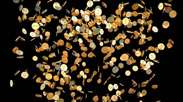 Golddollar-Münzen regnen auf schwarzem Hintergrund. — Stockfoto