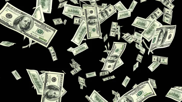 Yüz dolar faturaları siyah arka planda yağmur.