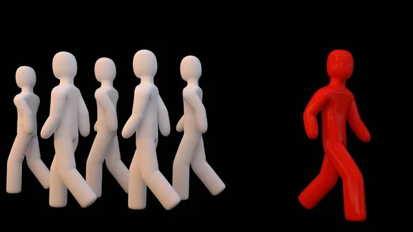 Eigene Wege gehen. eine rote Figur geht den entgegengesetzten Weg zu den weißen Figuren. — Stockfoto