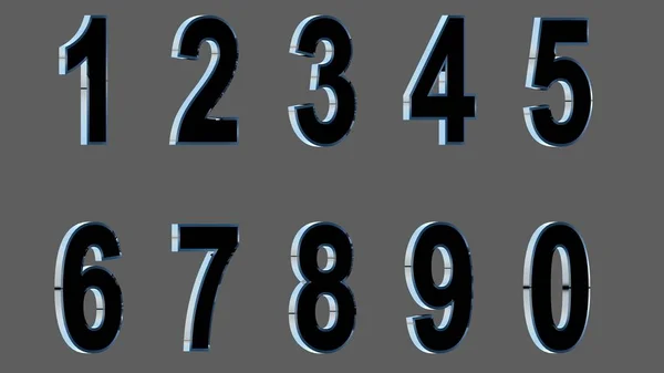 Набор 3D чисел. Черный шрифт с металлическими сторонами, на сером фоне. Изолированная, простая в использовании. FACING Right VERSION . — стоковое фото