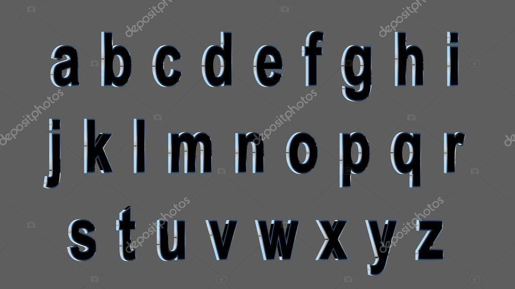 Alfabeto inglés, letra minúscula 3D, negro con lados metálicos. Aislado, fácil de usar. 2022