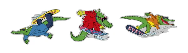 Trois Amateurs Crocodile Sports Hiver Snowboard Illustrations Couleur Autocollants Peut — Image vectorielle