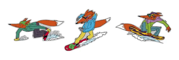Trois Amoureux Des Sports Hiver Snowboard Illustrations Colorées Autocollants Peuvent — Image vectorielle