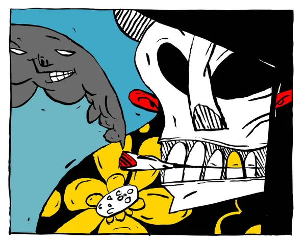 Image Mort Forme Crâne Avec Une Cigarette Des Fleurs Illustration — Image vectorielle