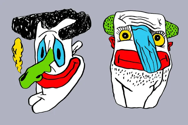 Deux Portraits Clowns Aux Cheveux Verts Aux Lèvres Rouges Illustration — Image vectorielle