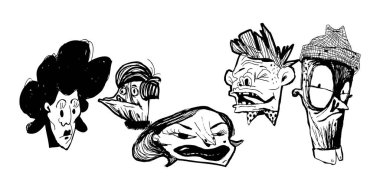 Farklı insanların portreleri. Siyah ve beyaz grafik çizimi, ambalaj tasarımı, hediyelik eşya, duvardaki tişört baskısı ya da posterler için uygun..