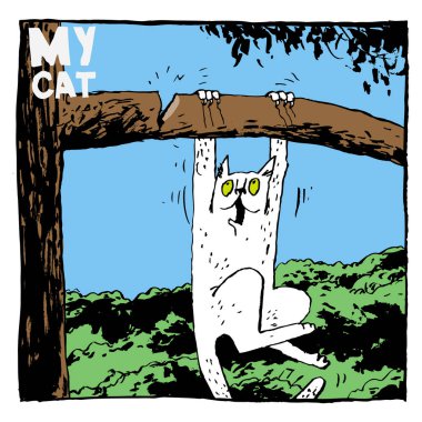 Beyaz bir kedi çatlamış bir dala tutunuyor ve şu anda çöküyor. Renk çizimi, poster, baskı, basılı materyallerin tasarımı, iç mekan, çocuk ürünleri gibi mükemmel.