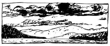 Göl manzarası, dağlar, kıvrımlı bulutlar. Siyah ve beyaz vektör illüstrasyonu, ambalaj tasarımı için kullanışlı, poster, tişört ya da edebiyat tasarımı.