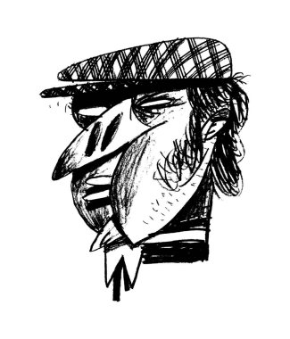 Damalı şapkalı bir adamın portresi. Siyah ve beyaz illüstrasyon, yayınlar, ambalaj tasarımı, baskılar, posterler için mükemmel.