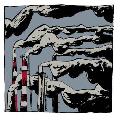 Gri dumanlı bacaların görüntüsü. Renk çizimi, yayınlar, ambalajlar, posterler, hediyelik eşyalar, tişört baskıları için mükemmel..