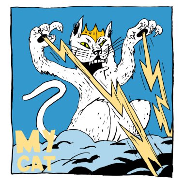 Image of a cat in a crown on a cloud with lightning from paws. Color illustration, perfect for use in publications, packaging, posters, souvenirs, t-shirt prints. clipart