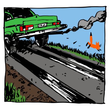 Asfaltta keskin fren izleri olan yeşil bir araba, çalışan bir tilki. Renk çizimi, yayınlar, ambalaj tasarımı, posterler ve afişler için kullanışlı olabilir.