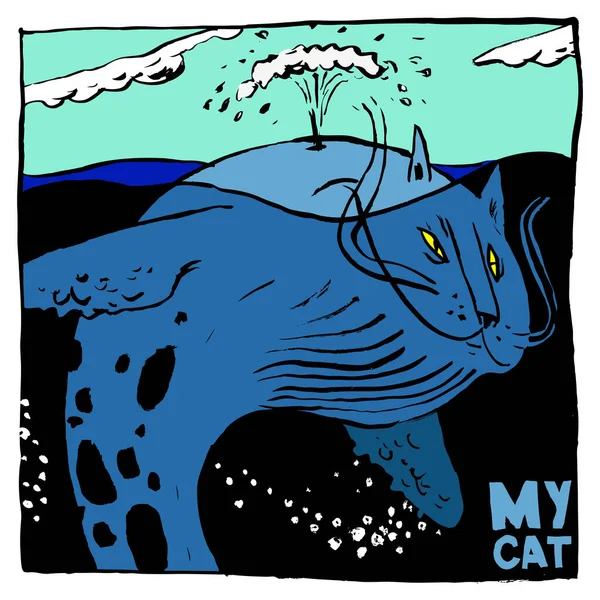Kedi Mavi Balina Okyanusta Bir Akışına Izin Verir Renk Çizimi — Stok Vektör