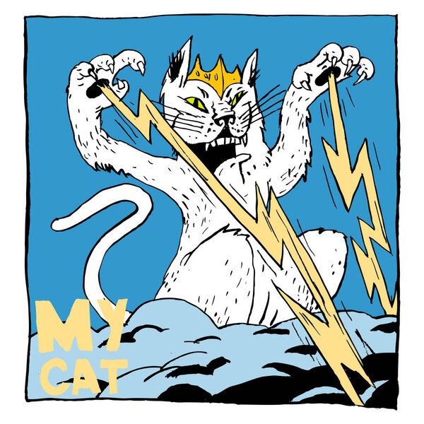 Image of a cat in a crown on a cloud with lightning from paws. Color illustration, perfect for use in publications, packaging, posters, souvenirs, t-shirt prints.