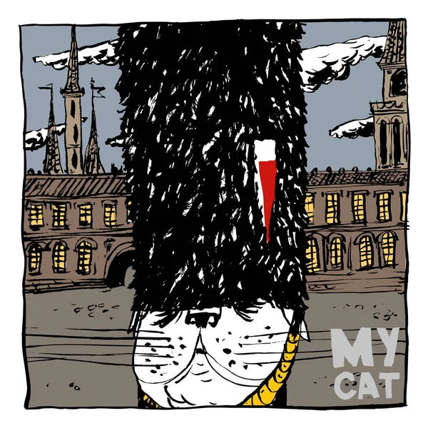 Εικόνα Μιας Γάτας Στο Καπέλο Της Βασιλικής Φρουράς Στην Πλατεία — Διανυσματικό Αρχείο