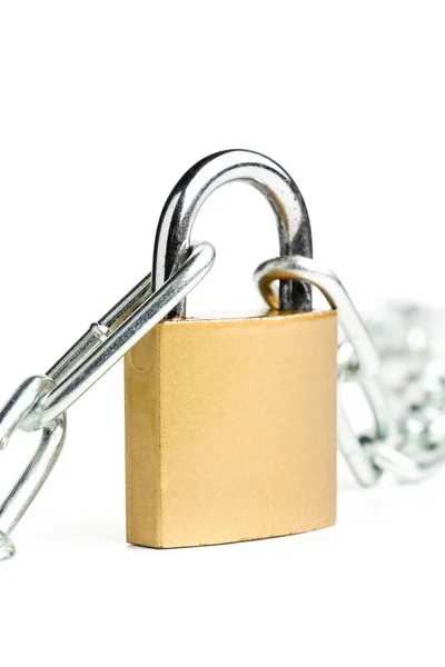Brass padlock connecting two chains over white background — Stock Photo, Image